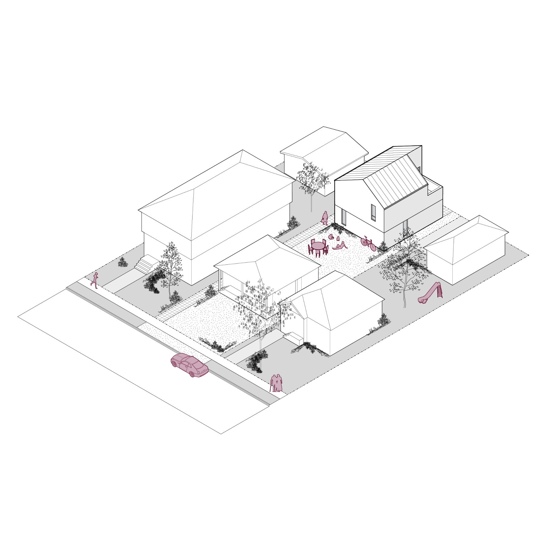 A 3D line rendering of the unit ADU 02, approximately 727 square feet in size. The two-storey structure is shown in a compact neighbourhood setting, surrounded by homes and trees. Its vertical design provides additional living space.